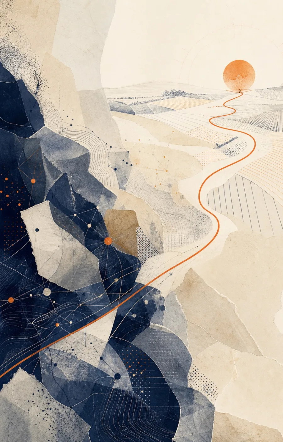 Abstract paper fields and connected lines converging on an orange horizon.